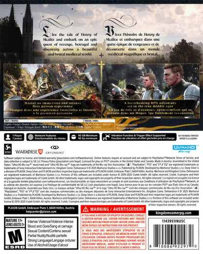 Kingdom Come Deliverance II PlayStation 5 PS5 for open world action role playing video game fans featuring medieval Bohemia exploration realistic sword combat historical storytelling character progression quests horseback travel immersive towns and villages detailed environments and authentic medieval adventure collectible gaming appeal back cover art
