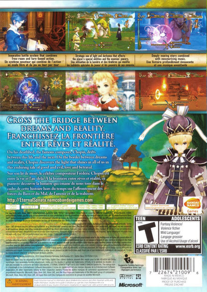 Eternal Sonata Xbox 360 JRPG featuring turn based and real time hybrid battle system anime art style emotional fantasy storyline inspired by composer Frédéric Chopin cinematic cutscenes and expansive role playing adventure by Namco Bandai back cover art