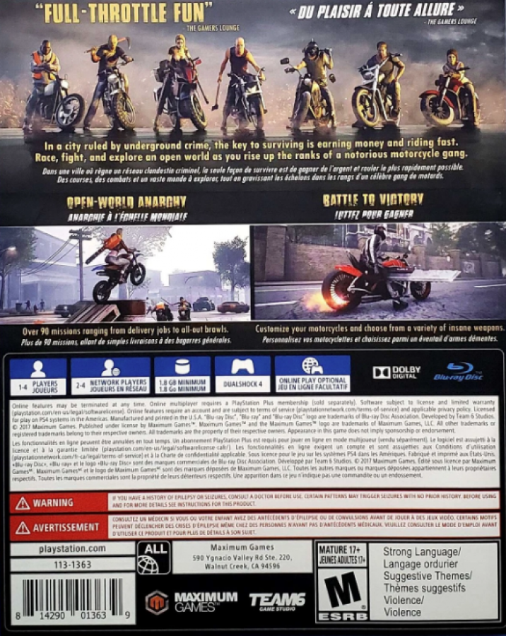 Road Rage – PlayStation 4 (PS4) video game back of case, motorcycle combat action