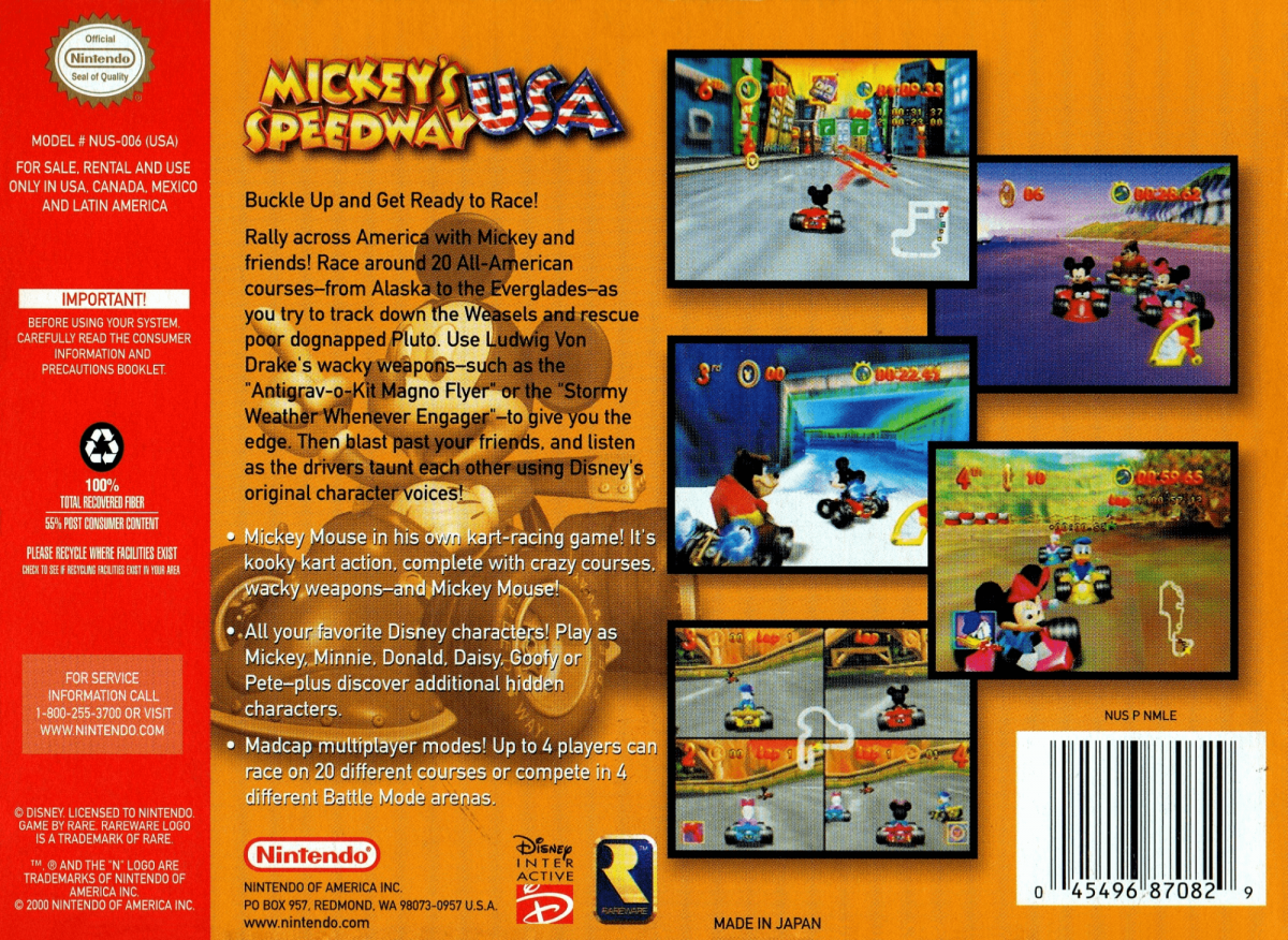 Mickey's Speedway USA 64 back cover art for Nintendo 64 N64 video game