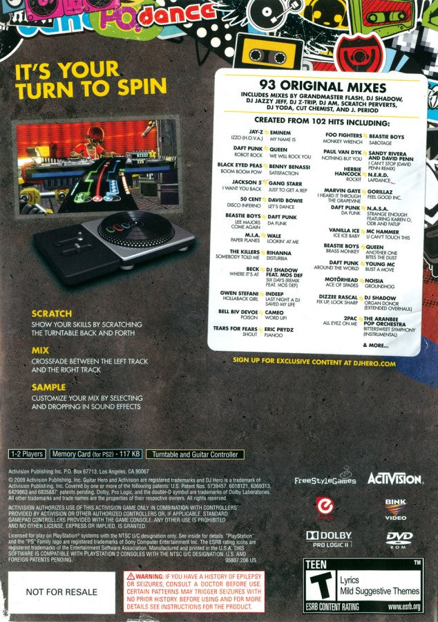 DJ Hero back of case for PlayStation 2 (PS2) music rhythm DJ turntable simulation video game