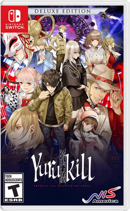 Yurukill The Calumniation Games Deluxe Edition Nintendo Switch NS mystery adventure video game featuring psychological thriller storytelling escape room puzzles shoot em up action courtroom trials challenging enemies character interactions dark secrets and classic cover art