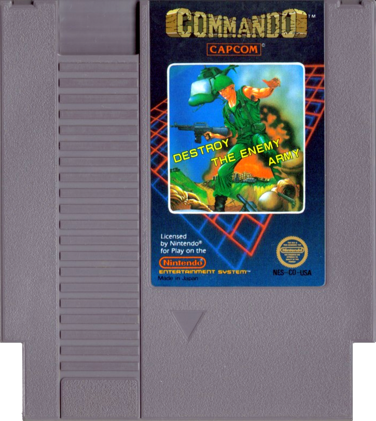 Commando game for the Nintendo Entertainment System featuring top down run and gun gameplay with continuous shooting grenade attacks and mission based stages as players advance through enemy territory in an arcade style military setting cartridge
