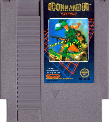 Commando game for the Nintendo Entertainment System featuring top down run and gun gameplay with continuous shooting grenade attacks and mission based stages as players advance through enemy territory in an arcade style military setting cartridge