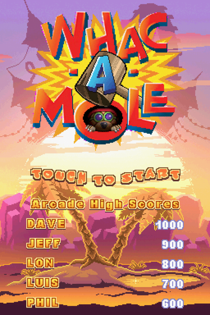 Whac-A-Mole start screen for Nintendo DS (DS) arcade action video game
