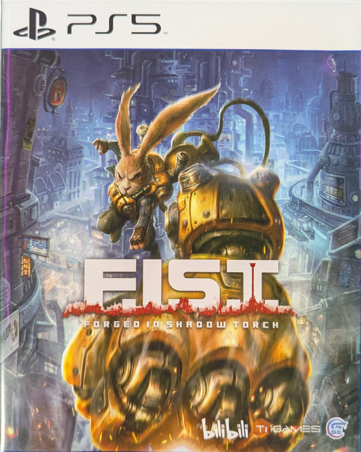 F.I.S.T. Forged In Shadow Torch Asia Import PlayStation 5 Metroidvania action-adventure video game TiGames dieselpunk setting anthropomorphic animals Rayton rabbit with mechanical fist combat drill whip weapons exploration 3D side-scrolling bilibili front cover