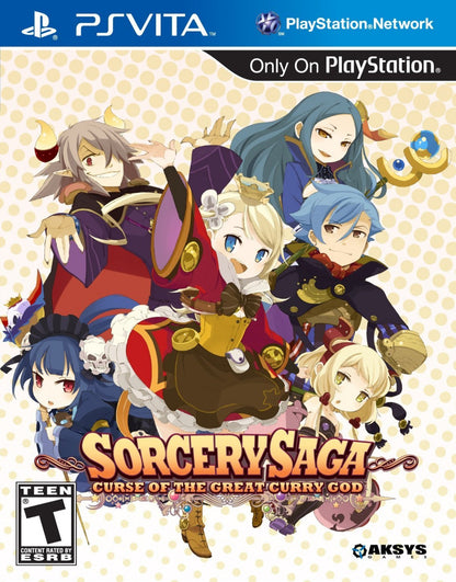 Sorcery Saga The Curse of the Great Curry God PlayStation Vita video game, roguelike RPG, anime-style adventure, turn-based dungeon gameplay front cover
