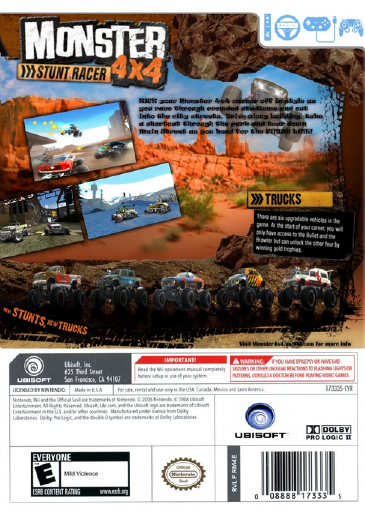 Monster 4x4: Stunt Racer – Nintendo Wii (Wii) off-road stunt racing arcade video game back of case