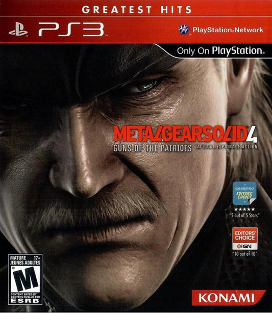 Metal Gear Solid 4 Guns of the Patriots Greatest Hits PlayStation 3 tactical espionage action stealth video game Solid Snake final mission Old Snake Drebin Points system Octocamo camouflage Metal Gear Mk II robot companion battlefield environment control Hideo Kojima conclusion epic storyline online multiplayer modes front cover