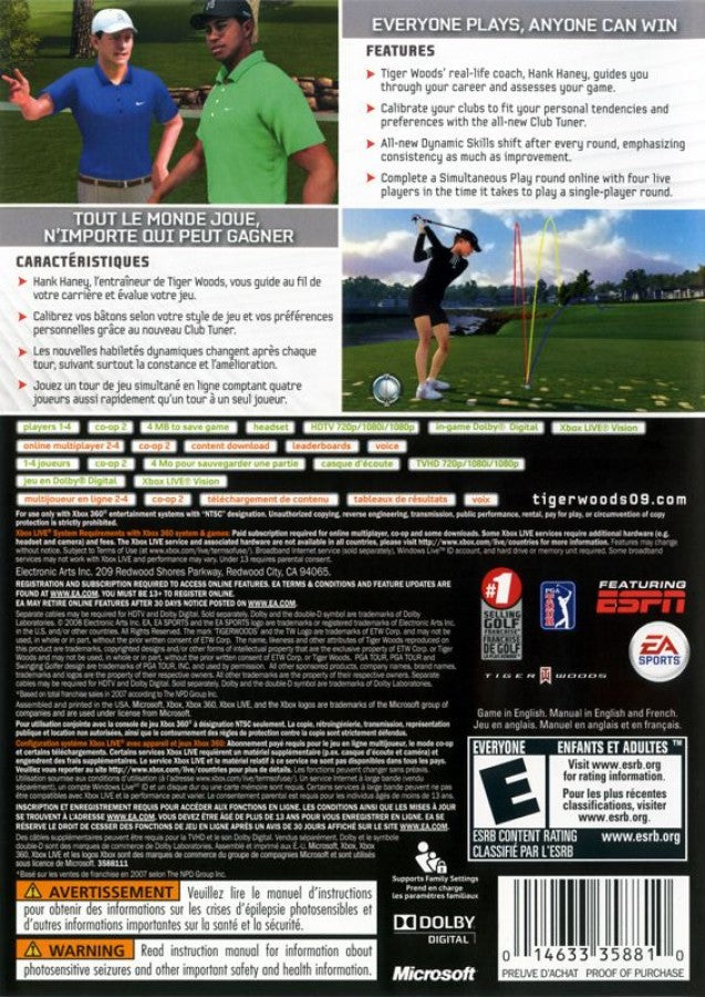 Tiger Woods PGA Tour 09 back of case for Xbox 360 (X360) golf sports video game