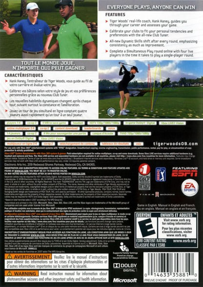 Tiger Woods PGA Tour 09 back of case for Xbox 360 (X360) golf sports video game