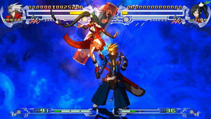 BlazBlue Calamity Trigger Portable UMD for the PlayStation Portable featuring 2D fighting gameplay with anime style visuals character specific abilities multiple modes including Arcade Versus and Story and fast paced one on one combat with a full roster adapted from the console version gameplay  