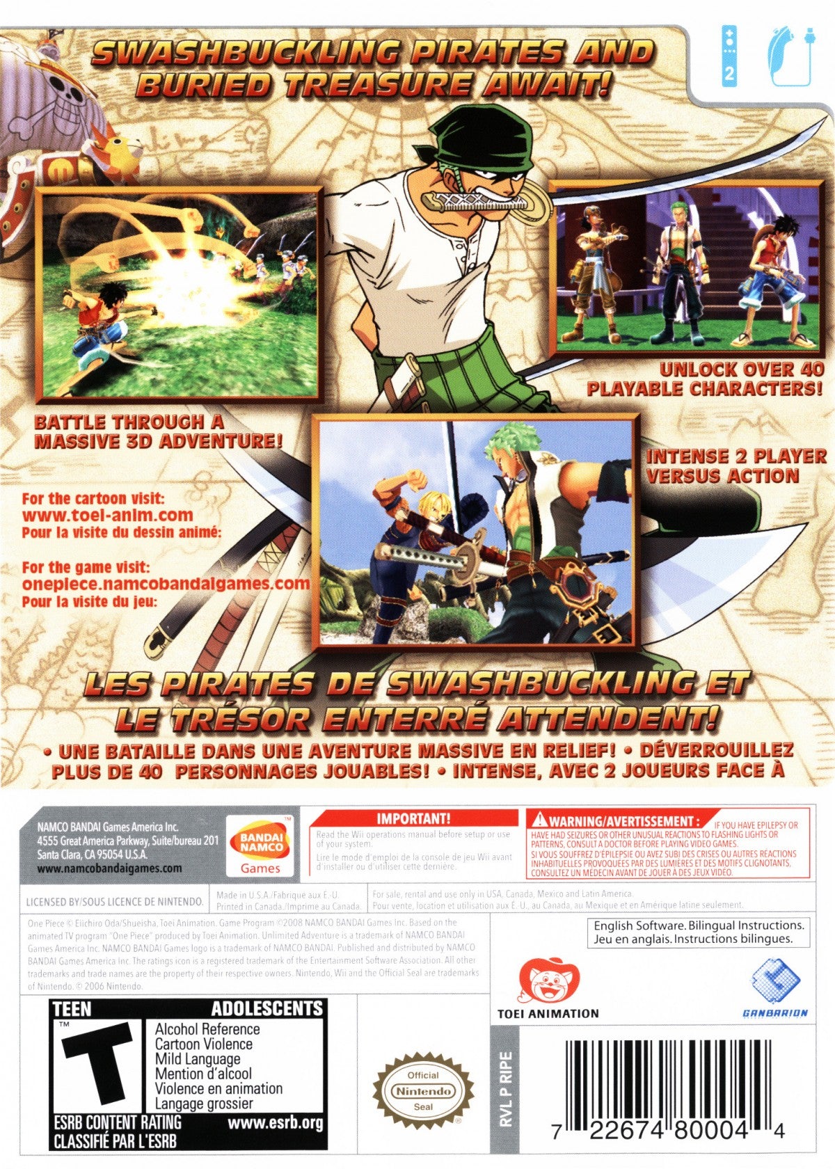 One Piece: Unlimited Adventure – Nintendo Wii (Wii) anime action-adventure role-playing video game back of case