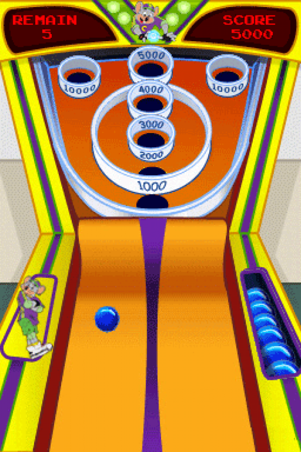 Chuck E Cheese’s Party Games for Nintendo DS, gameplay for a party mini-game video game with arcade-style challenges, multiplayer gameplay, family-friendly activities, and casual fun