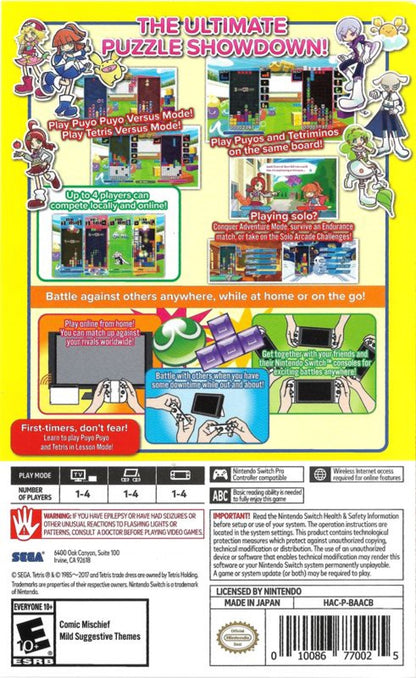 Puyo Puyo Tetris Nintendo Switch game featuring competitive puzzle gameplay combining classic Puyo Puyo and Tetris action back cover