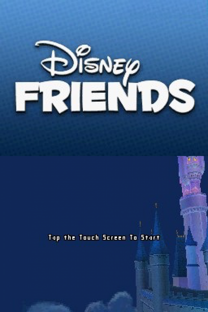 Disney Friends for Nintendo DS, title screen for a life simulation video game with Disney characters, friendship activities, mini-games, and casual interactive gameplay