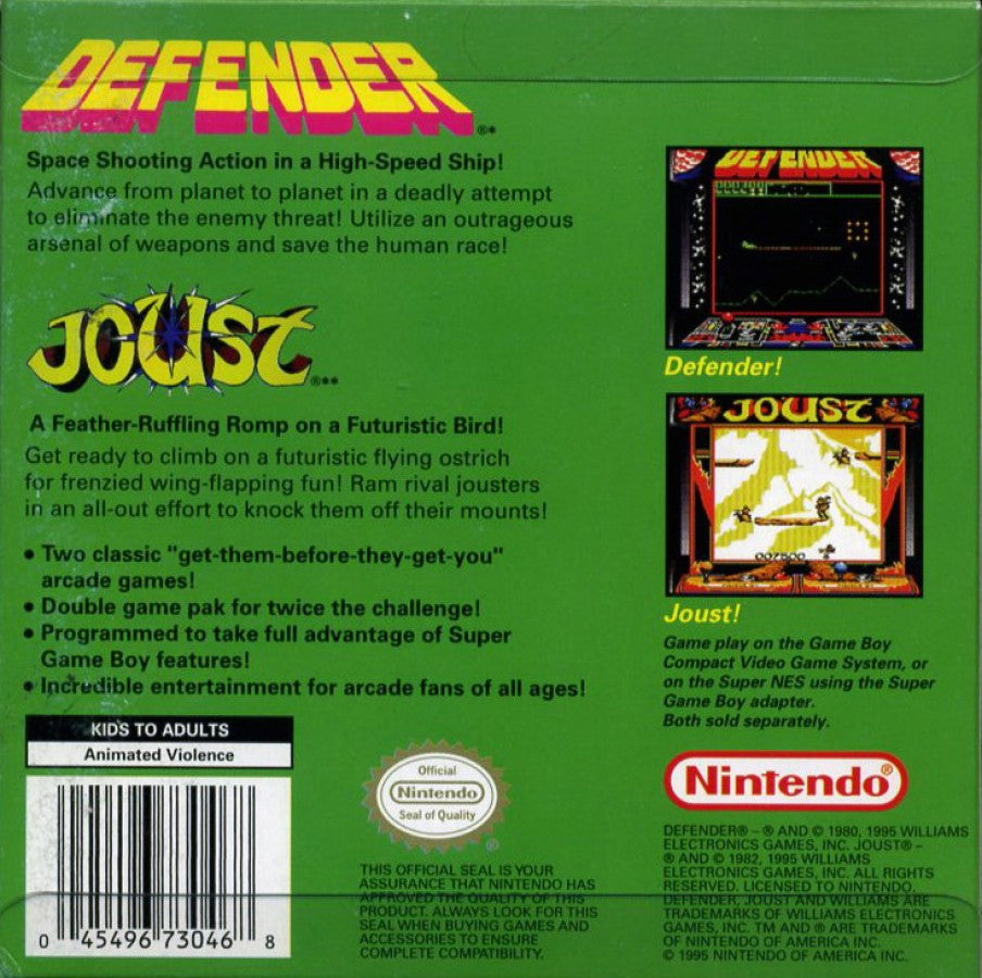 Arcade Classic 4 Defender and Joust for Game Boy, back of case for an arcade compilation video game with classic shooter and platform gameplay, retro challenges, and fast-paced action