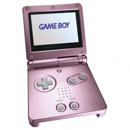 Game Boy Advance SP AGS-101 backlit pink console Nintendo Game Boy Advance GBA handheld system for retro video game enthusiasts featuring bright AGS-101 backlit screen rechargeable battery compact clamshell design portable gaming iconic Nintendo hardware compatibility with Game Boy Advance games collectible gaming appeal open view