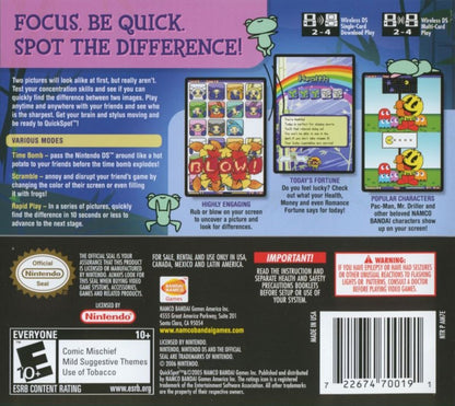 Quick Spot Nintendo DS for puzzle video game fans featuring fast paced spot the difference gameplay touch screen controls brain training challenges quick reflexes family friendly fun colorful visuals portable handheld entertainment collectible gaming appeal back cover art