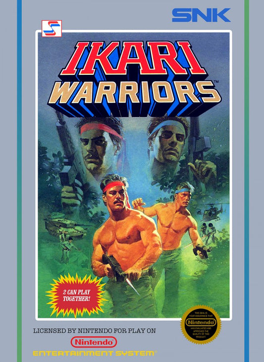 Ikari Warriors Nintendo Entertainment System NES video game featuring run and gun action gameplay military combat enemy soldiers weapon power ups jungle environments challenging missions and classic 8 bit arcade style action retro video game collection collectible gaming appeal front cover art
