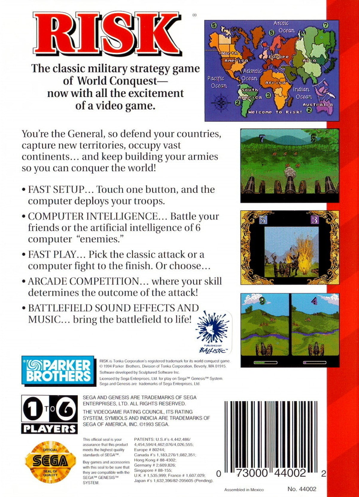 Risk Parker Brothers World Conquest Game Sega Genesis retro video game strategy board game back of case (1994)
