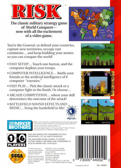 Risk Parker Brothers World Conquest Game Sega Genesis retro video game strategy board game back of case (1994)