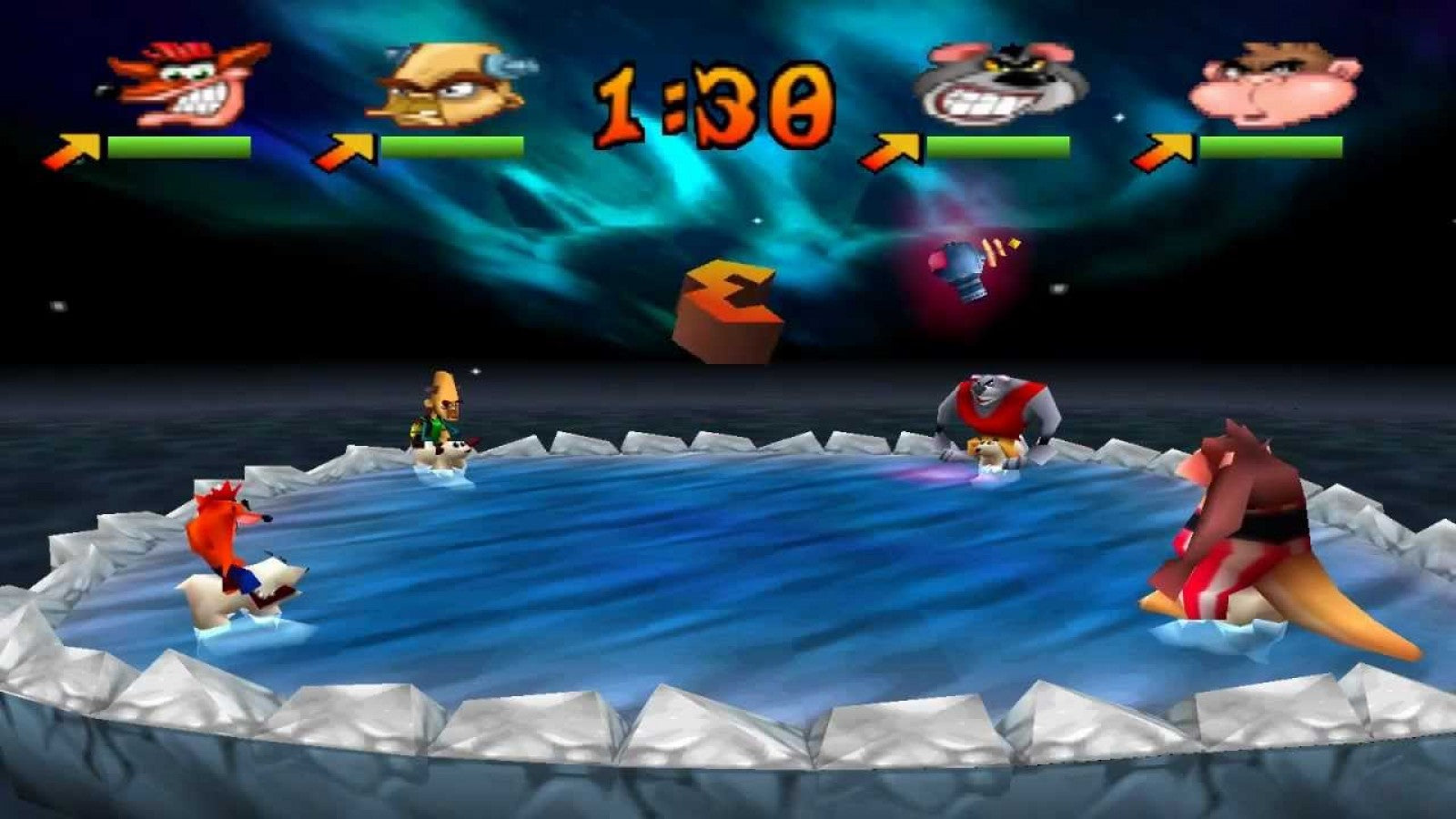 Crash Bash Greatest Hits PlayStation 1 party video game Eurocom 30 minigames adventure battle tournament modes 4-player multitap Crash Coco Cortex Tiny Dingodile multiplayer competition arena battles TNT crates pogo stick tanks hovercraft Sony gameplay screenshot