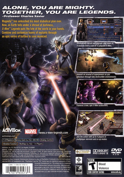 X-Men Legends game for the PlayStation 2 featuring action RPG gameplay with real time combat team based mechanics character progression and cooperative multiplayer as players control a squad of X-Men battling through story driven missions against iconic Marvel villains back cover