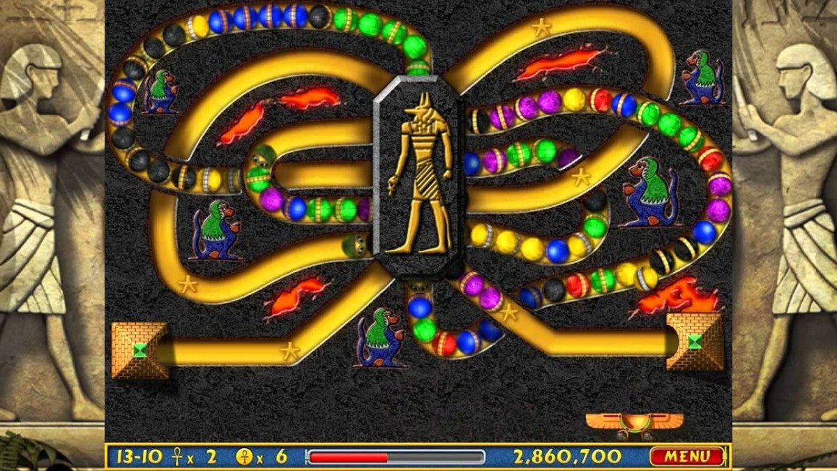 Luxor The Wrath of Set video game, puzzle arcade gameplay, marble shooter action, ancient Egypt theme, classic casual game title gameplay
