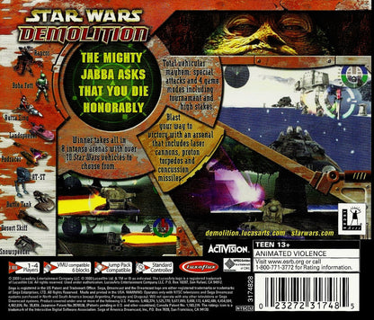 Star Wars Demolition Sega Dreamcast DC for retro video game enthusiasts featuring vehicular combat gameplay Star Wars battles explosive arena combat iconic vehicles multiplayer action destructive weapons fast paced arcade excitement classic Dreamcast collectible gaming appeal back cover