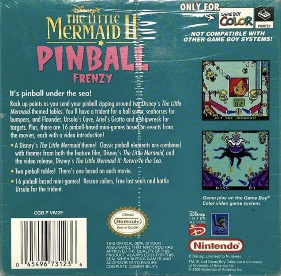 Disney’s The Little Mermaid II Pinball Frenzy for Game Boy Color, back of case for a pinball video game with underwater-themed tables, arcade-style gameplay, score challenges, and Disney character visuals