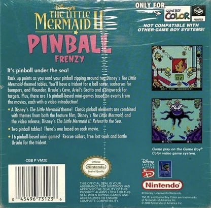 Disney’s The Little Mermaid II Pinball Frenzy for Game Boy Color, back of case for a pinball video game with underwater-themed tables, arcade-style gameplay, score challenges, and Disney character visuals