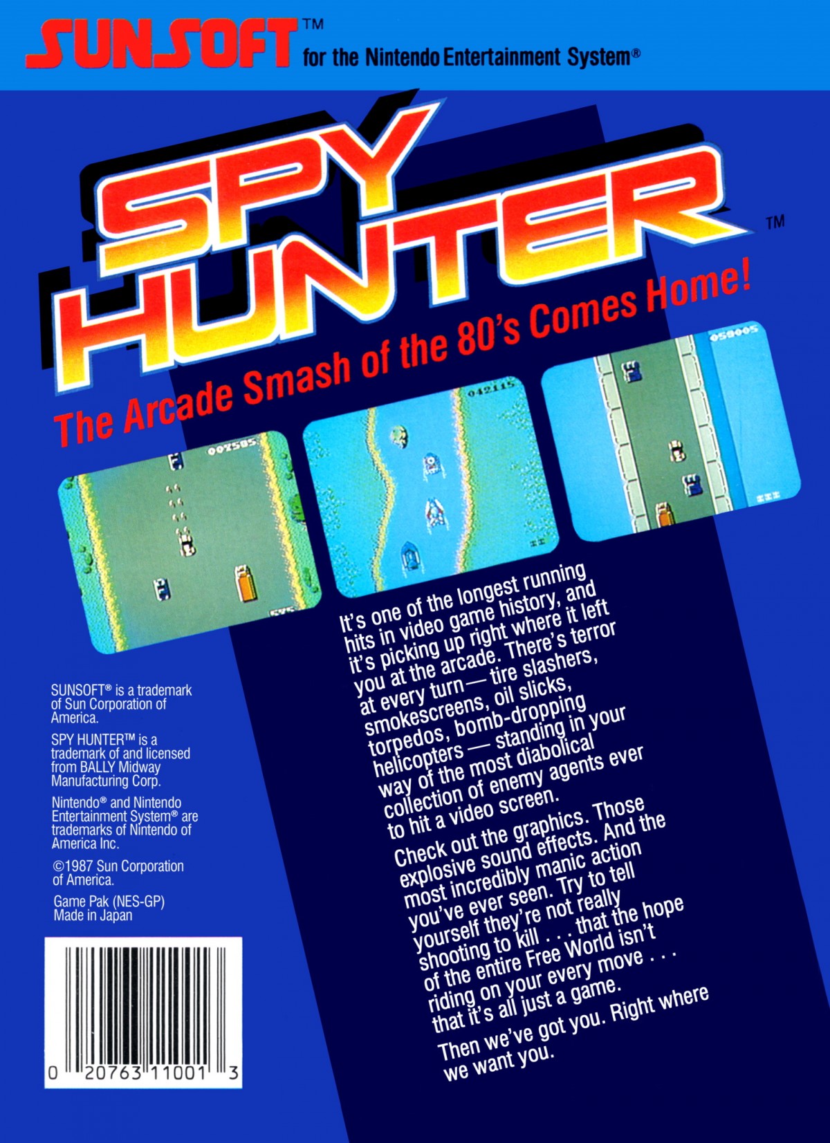 Spy Hunter cartridge for the Nintendo Entertainment System featuring 8 bit top down driving shooter gameplay with high speed car chases weapon upgrades and enemy vehicles across dangerous highways back cover