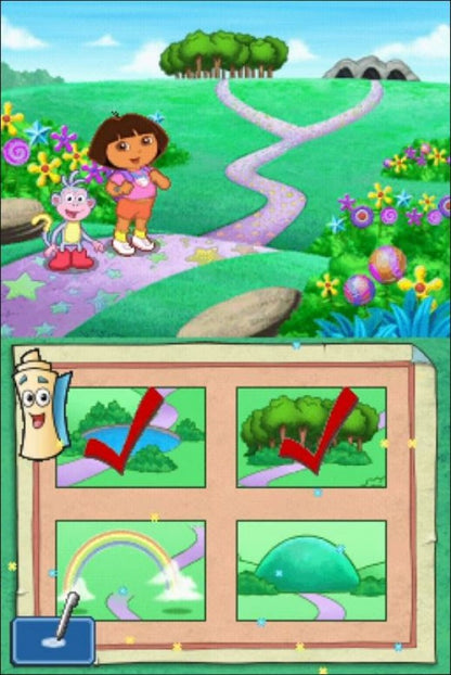Dora's Big Birthday Adventure Nintendo DS interactive storybook platformer game tapping shouting scribbling activities based on TV special Dora and Boots stuck in Wizzle World birthday party goal DS microphone stylus controls magical unicorn riding gameplay screenshot