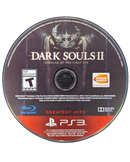 Dark Souls II Scholar of the First Sin Greatest Hits PlayStation 3 challenging action RPG punishing difficulty expanded definitive edition includes all three DLC Crown of the Sunken King Crown of the Old Iron King Crown of the Ivory King enhanced enemy placement improved graphics additional NPCs FromSoftware masterpiece brutal combat character customization multiplayer invasions cooperative summons bonfire system deep lore intricate world design disc