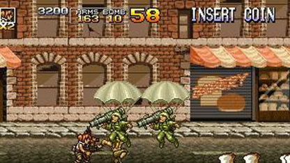 Metal Slug 4 & 5 gameplay for PlayStation 2 (PS2) featuring fast‑paced run‑and‑gun arcade action with explosive battles, vehicles, and cartoon‑style warfare.