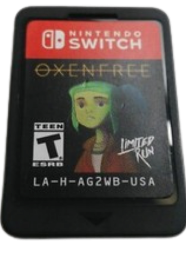 Oxenfree Limited Run #010 Nintendo Switch inspired design featuring supernatural narrative adventure aesthetic mysterious island exploration eerie radio signal phenomena branching dialogue choices atmospheric storytelling suspenseful mystery gameplay collectible limited release presentation cartrdige