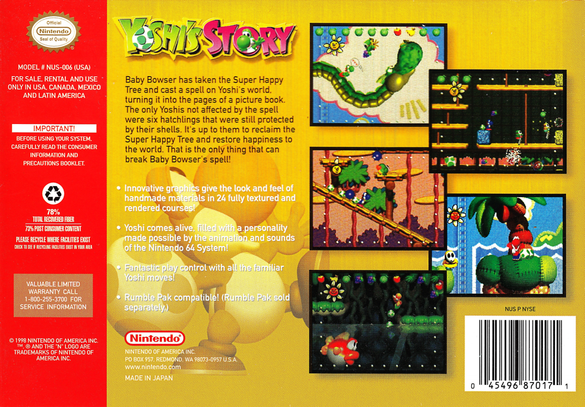 Yoshi's Story back cover art for Nintendo 64 (N64) video game