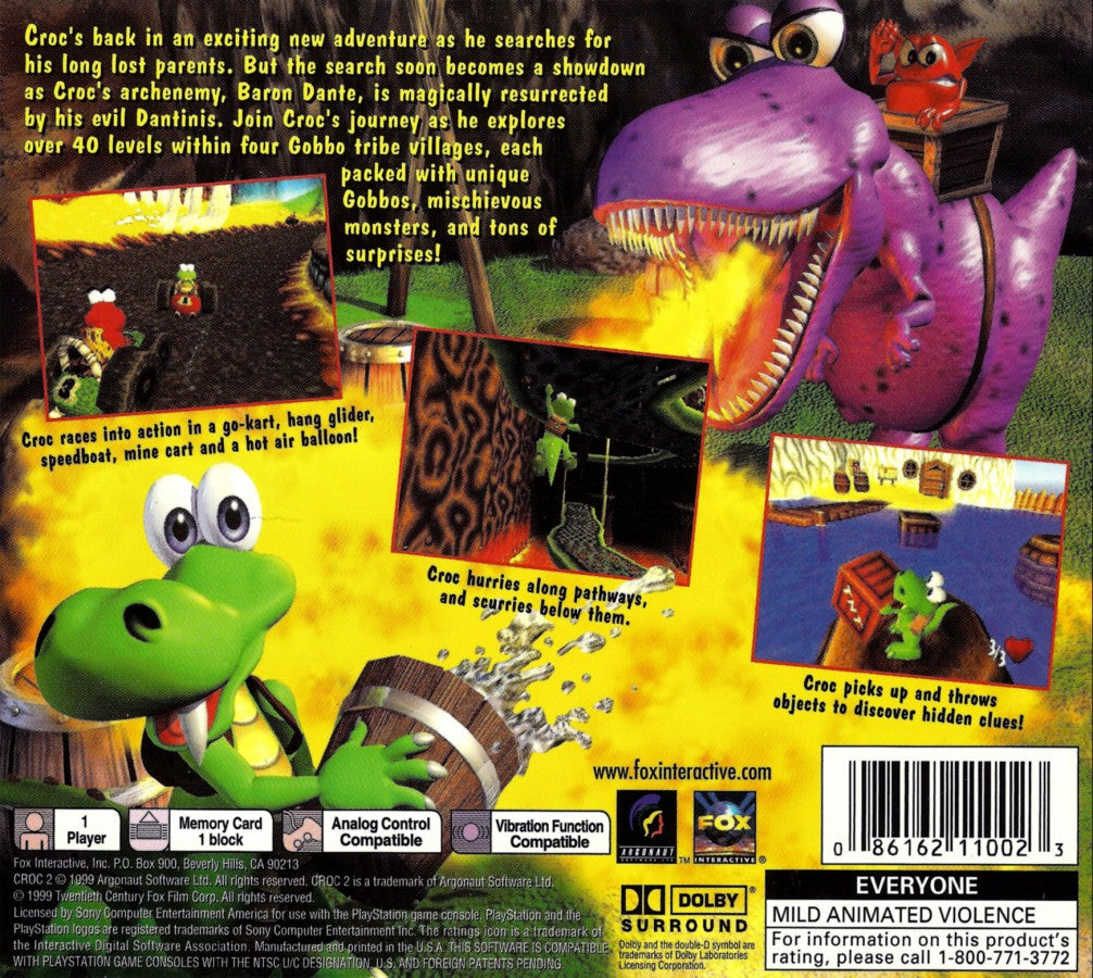 Croc 2 game for the PlayStation featuring 3D platforming gameplay with exploration puzzle solving collectible items and colorful levels as Croc embarks on a quest to rescue Gobbos and battle enemies across varied worlds back cover 