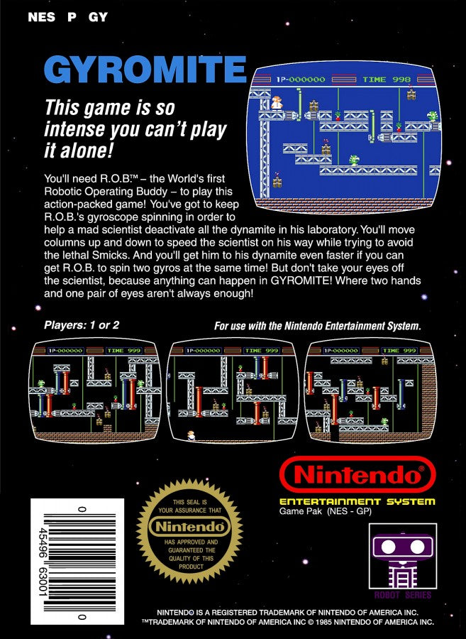 Gyromite 5 Screw Nintendo Entertainment System NES for action puzzle video game fans featuring Professor Hector and R.O.B. robot compatibility platforming gameplay color coded pillar puzzles classic Nintendo entertainment early NES release 5 screw cartridge collectible retro gaming appeal back cover art