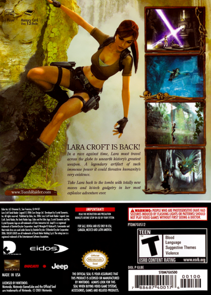 Tomb Raider Legend GameCube GC video game, action adventure, exploration and puzzle solving, Lara Croft, cinematic gameplay, Nintendo GameCube title back cover