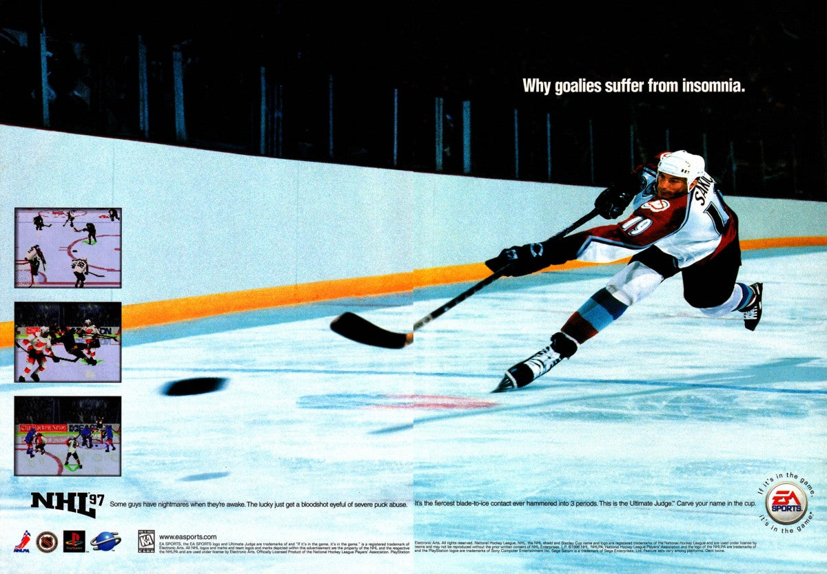 NHL 97 Sega Saturn for hockey sports video game fans featuring official NHL teams and players fast paced on ice gameplay season and exhibition modes realistic hockey action multiplayer competition classic EA Sports presentation retro Sega Saturn gaming collectible appeal gameplay