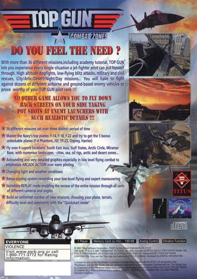Top Gun: Combat Zones – PlayStation 2 (PS2) video game back of case, aerial combat action.