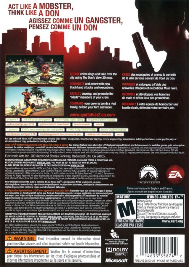 The Godfather II back cover art for Xbox 360 (X360) action-adventure crime video game