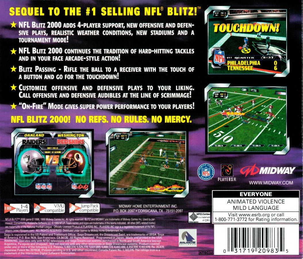 NFL Blitz 2000 Sega Dreamcast DC for arcade football video game fans featuring fast paced NFL action hard hitting tackles aggressive plays exaggerated gameplay powerful hits multiplayer matches team competition and classic Sega Dreamcast gameplay collectible retro gaming appeal back cover art