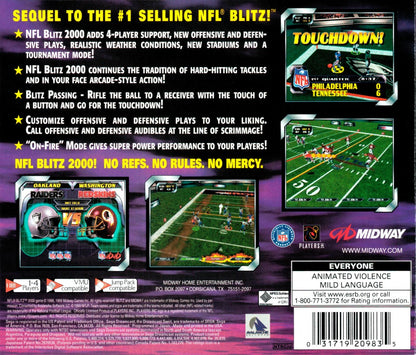 NFL Blitz 2000 Sega Dreamcast DC for arcade football video game fans featuring fast paced NFL action hard hitting tackles aggressive plays exaggerated gameplay powerful hits multiplayer matches team competition and classic Sega Dreamcast gameplay collectible retro gaming appeal back cover art
