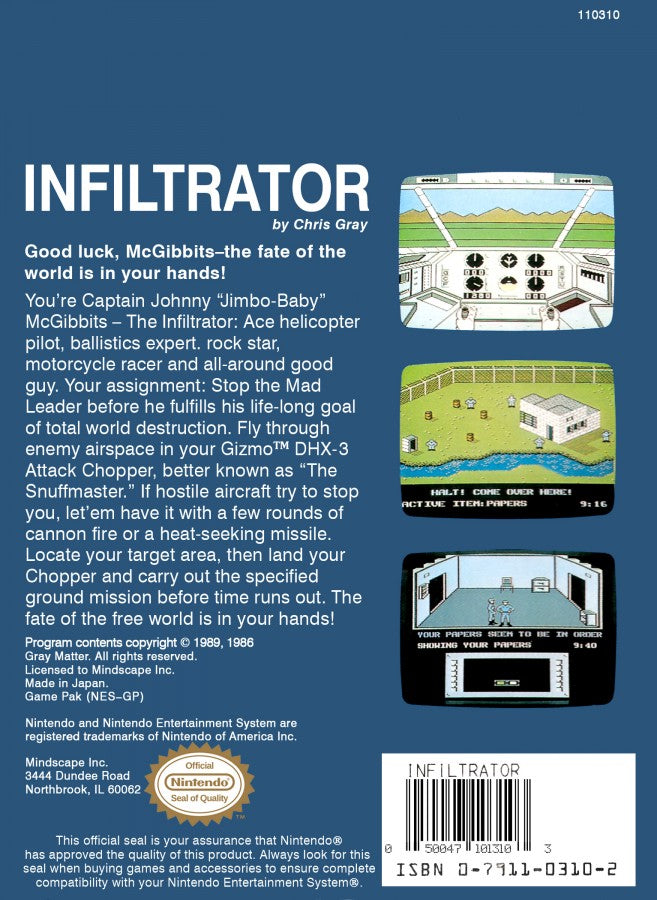 Infiltrator Complete in Box CIB Nintendo Entertainment System NES for retro video game enthusiasts featuring military action gameplay helicopter flight missions strategic infiltration on foot combat stealth objectives classic 8 bit action complete in box collectible gaming appeal back cover