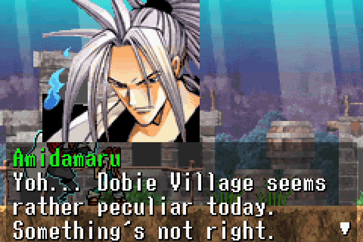 Shaman King Master of Spirits 2 for Game Boy Advance (GBA), gameplay for a retro video game featuring action platforming gameplay, spirit-based combat, anime-inspired storyline, character progression, and side-scrolling adventure