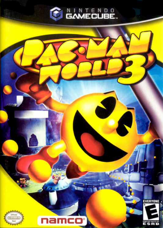 Pac Man World 3 GameCube Nintendo GameCube 3D platformer adventure game Pac Man action platforming puzzle solving ghost enemies arcade inspired gameplay Namco retro gaming GameCube software video game title cover art