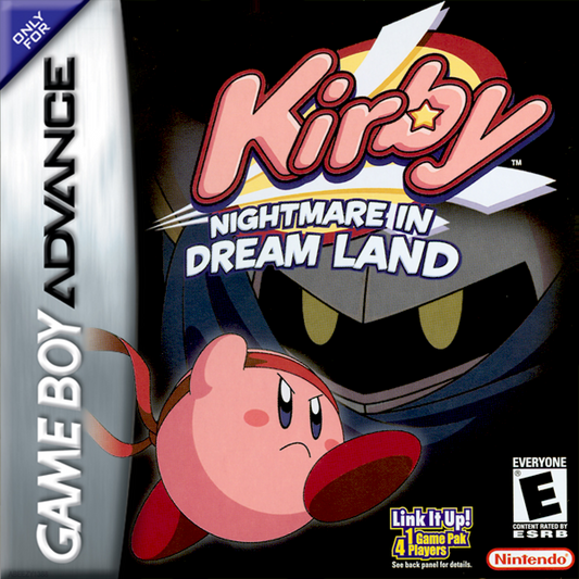 Kirby: Nightmare in Dreamland cover art for Game Boy Advance game only featuring classic side-scrolling platformer action and colorful Kirby gameplay 